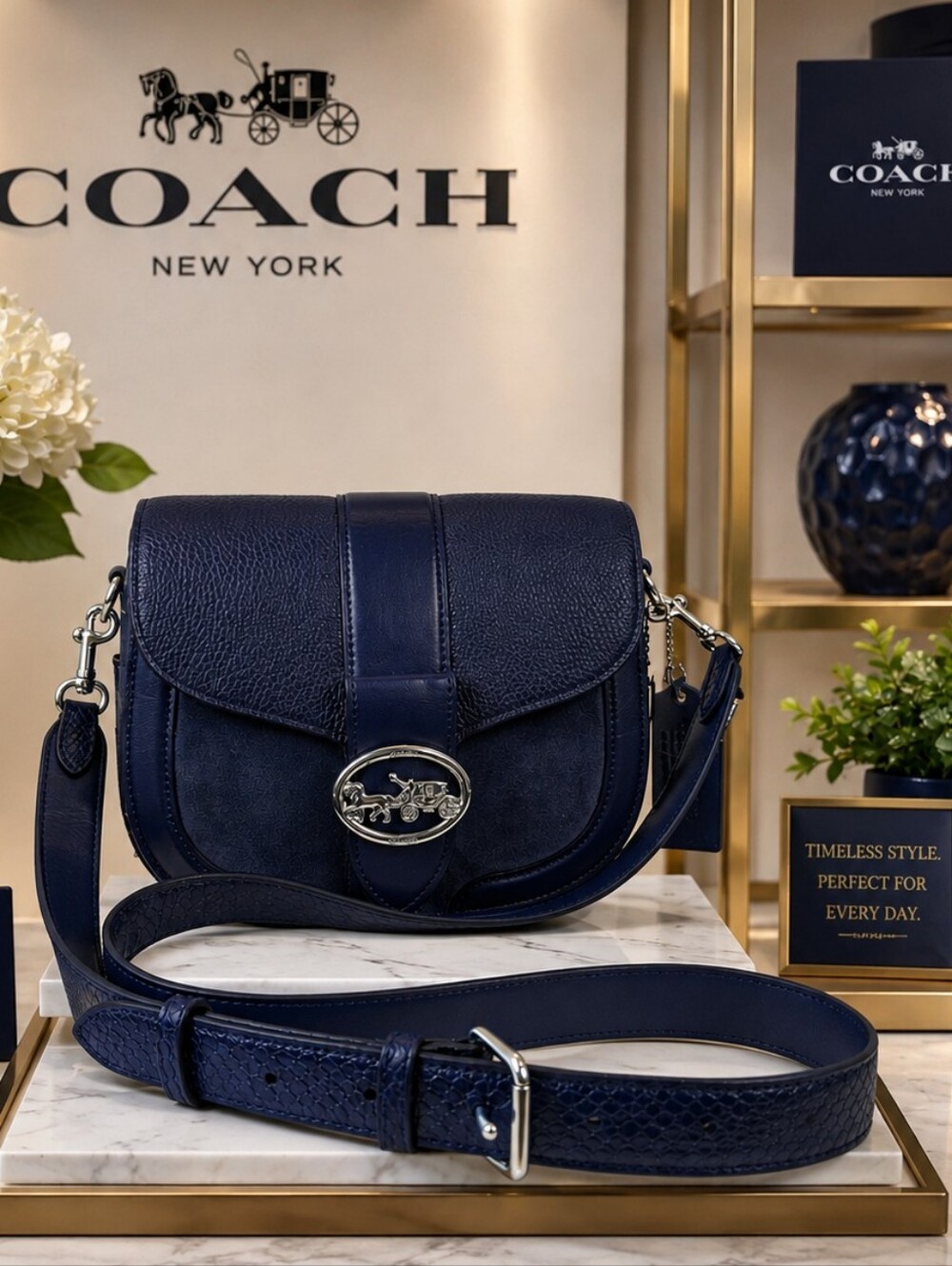 Coach Georgie Saddle Navy Blue Pebbled Leather Suede Crossbody Shoulder Bag